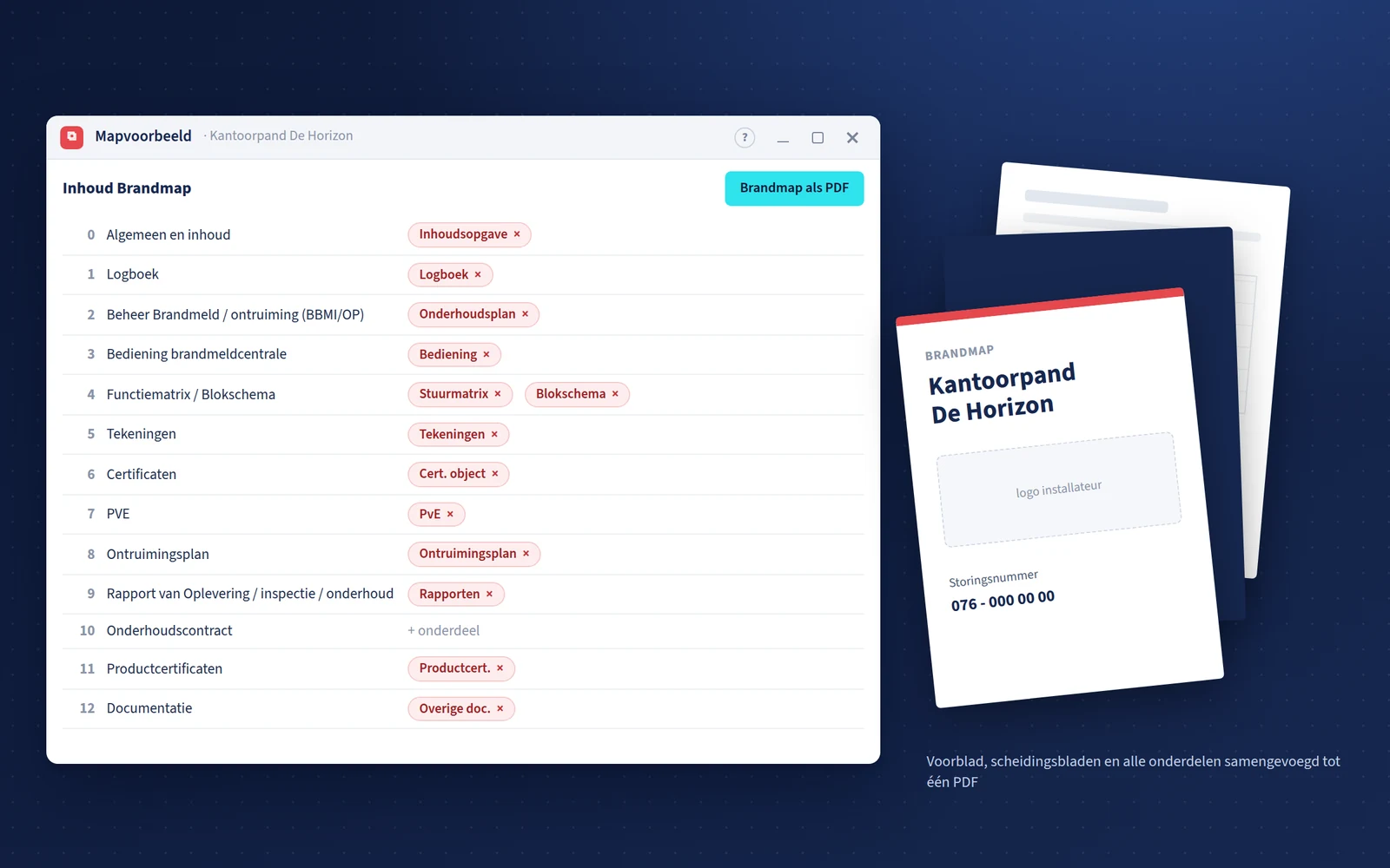 Het mapvoorbeeld van Plandrox: de inhoudsopgave van de brandmap met de gekoppelde onderdelen