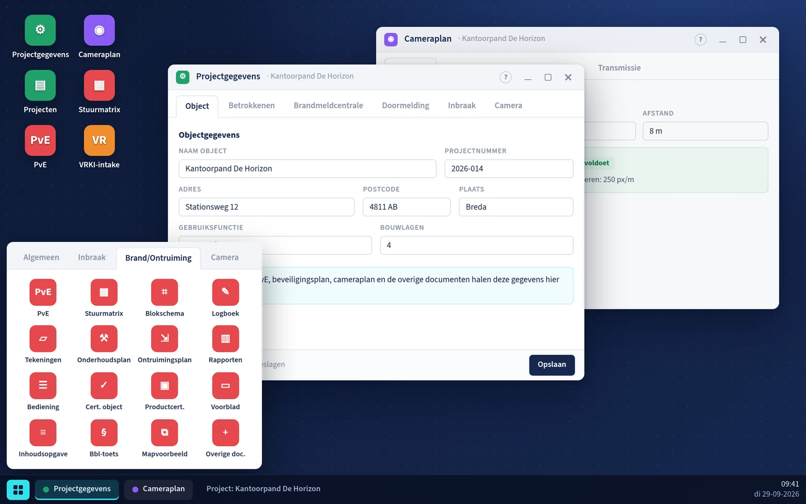 Plandrox Studio: een bureaublad in de browser met het startmenu en projectgegevens